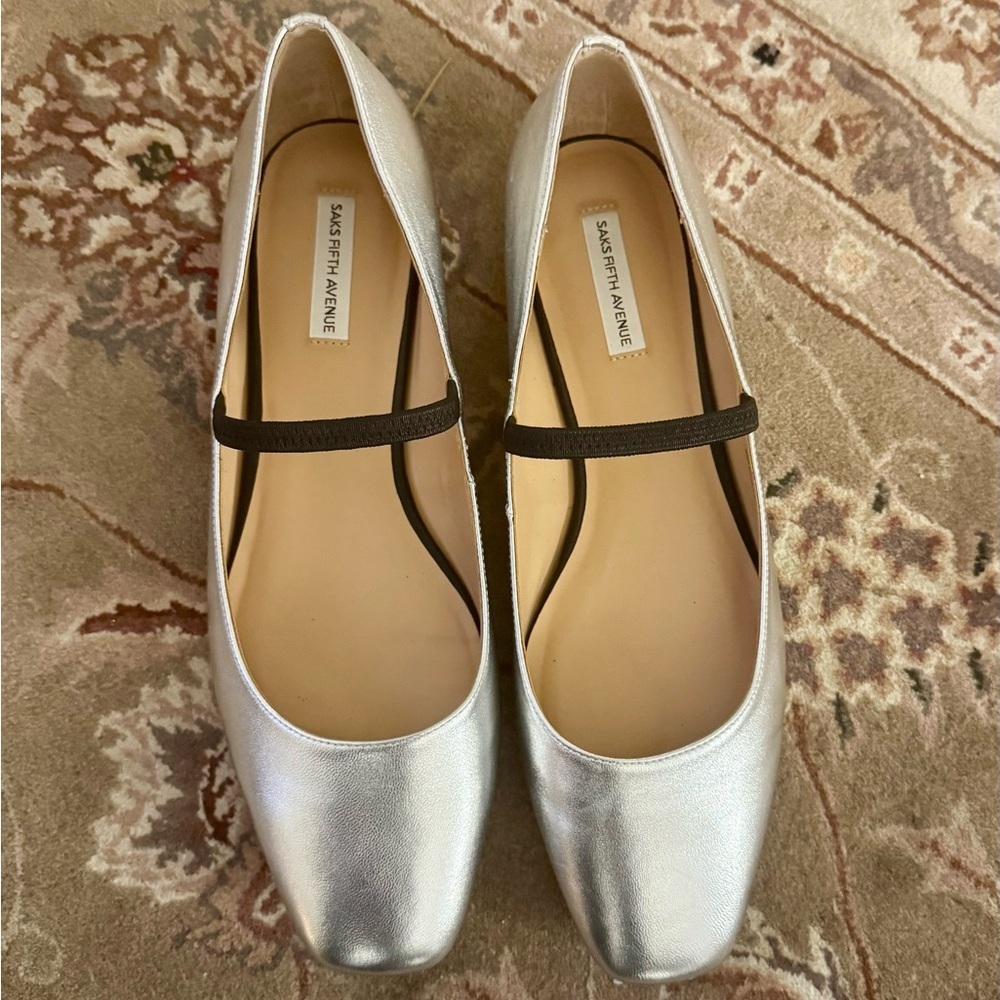 Saks Fifth Avenue Mary Jane in Silver with Black Strap - Picture 5 of 12